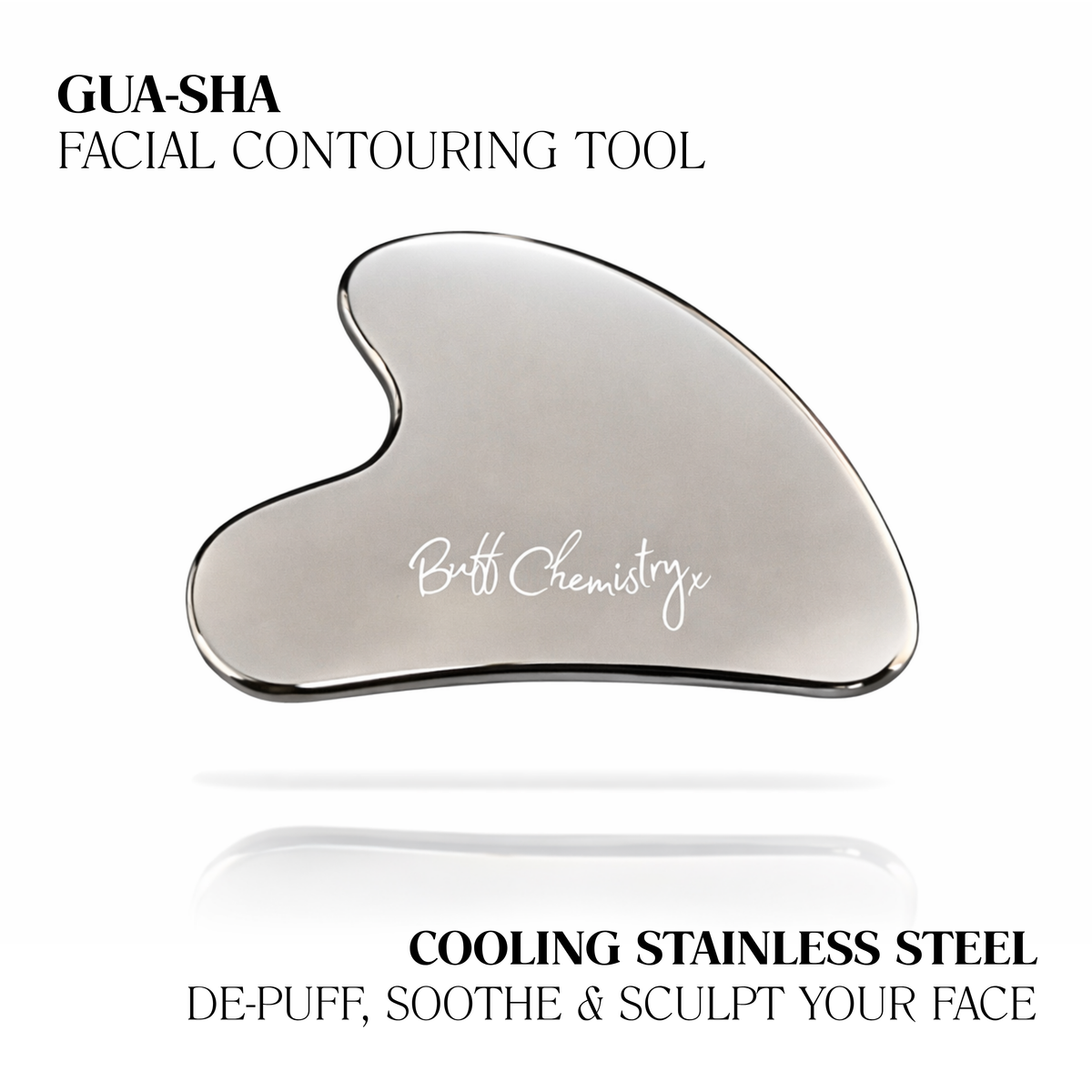 A stainless steel gua sha facial contouring tool with a polished metallic finish and a script logo reading 'Buff Chemistry' on the front. The image features text overlays describing the product as a cooling stainless steel facial contouring tool.